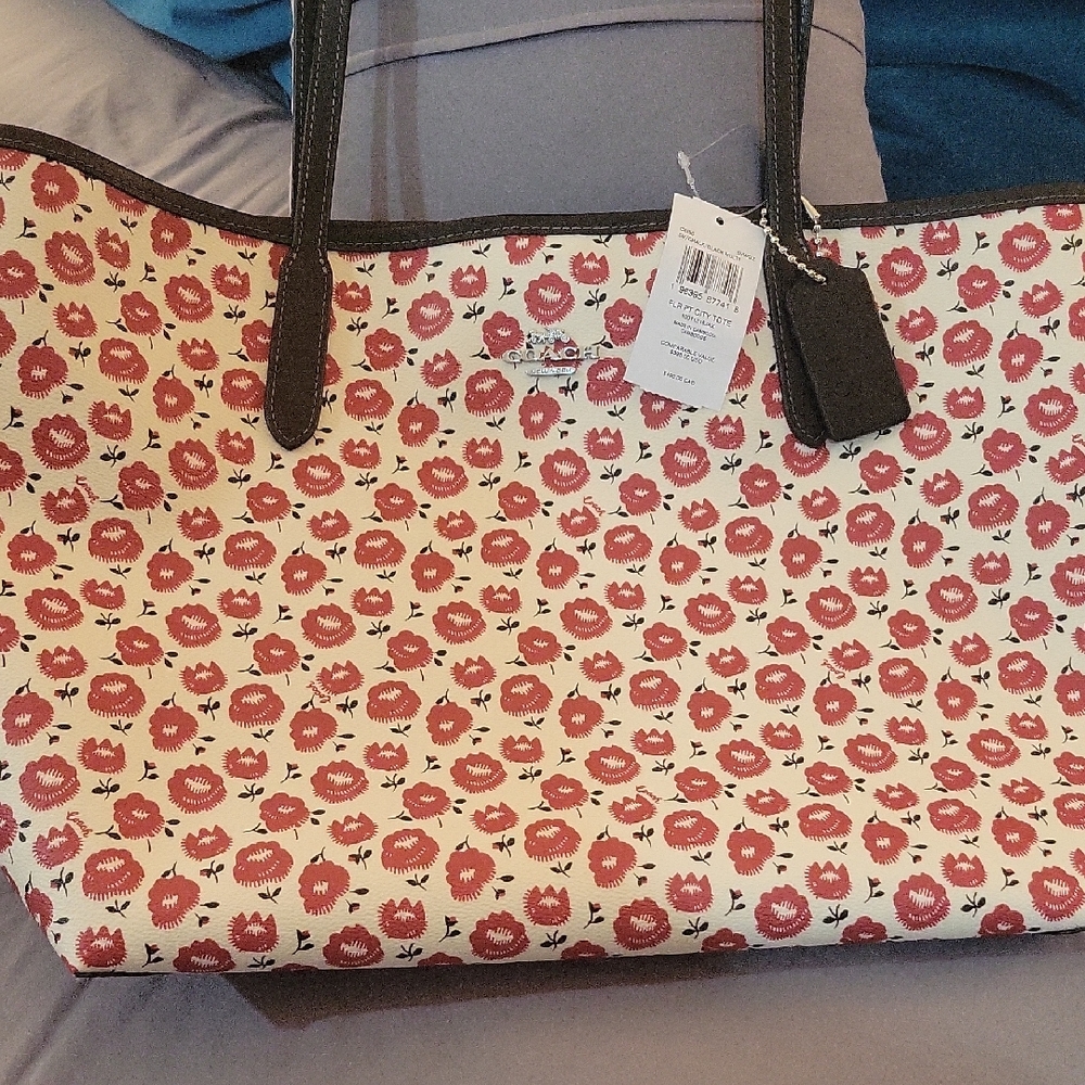 Coach Red and Cream Floral Tote Bag